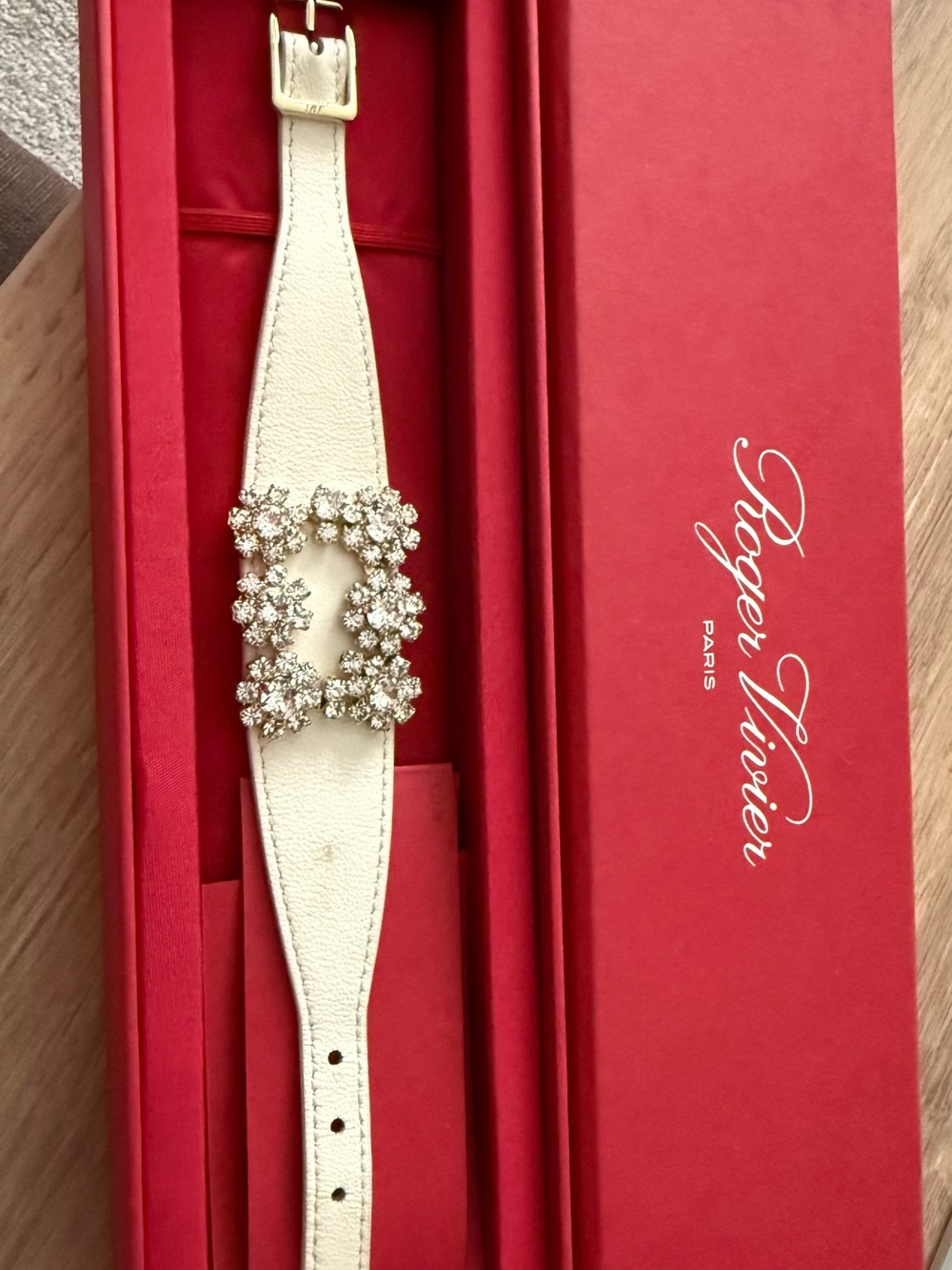Roger Vivier Cream Leather Belt with Crystal Floral Buckle